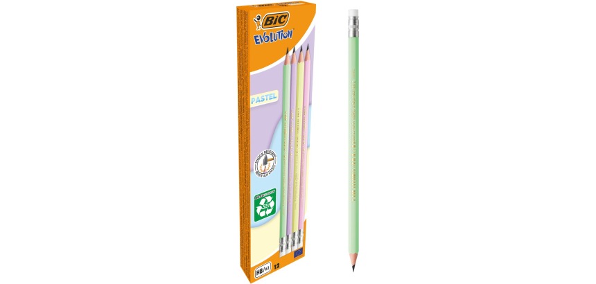 Bic Evolution Pastel HB graphite pencil with eraser, box of 12 pieces, assorted