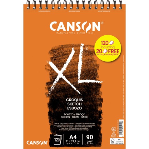 Canson schetsblok XXL, 90 g/m², ft A4, 100 + 20 vel gratis