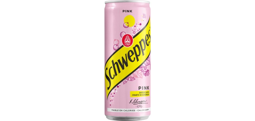 Schweppes Pink frisdrank, sleek blik van 33 cl, pak van 24 stuks