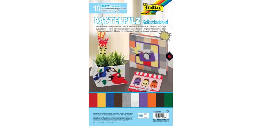 Adhesive felt sheets 20 x 30 cm, pack of 10 sheets in assorted colors