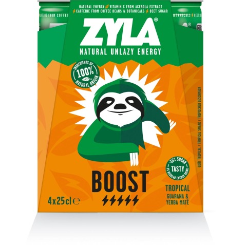 Zyla energiedrank Boost, tropical, blik van 25 cl, pak van 4 stuks