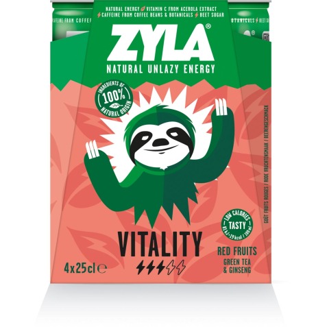 Zyla energiedrank Vitality, rode vruchten, blik van 25 cl, pak van 4 stuks