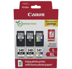 CANON PG-540L + CL-541XL Pack 3 cartouches 2 noires + 1 couleur pour imprimante jet d'encre avec 50 papiers photo