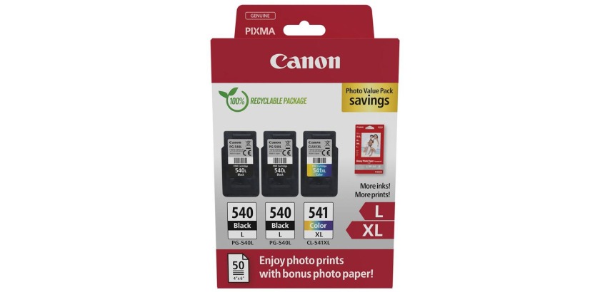 CANON PG-540L + CL-541XL Pack of 3 Cartridges 2 Black + 1 Color for Inkjet Printer with 50 Photo Papers