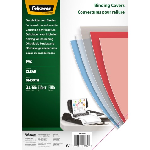 Fellowes couvertures, ft A4, PVC, 150 micron, paquet de 100 pièces, transparent