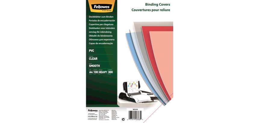 Fellowes covers, A4, PVC, 300 micron, pack of 100 pieces, transparent