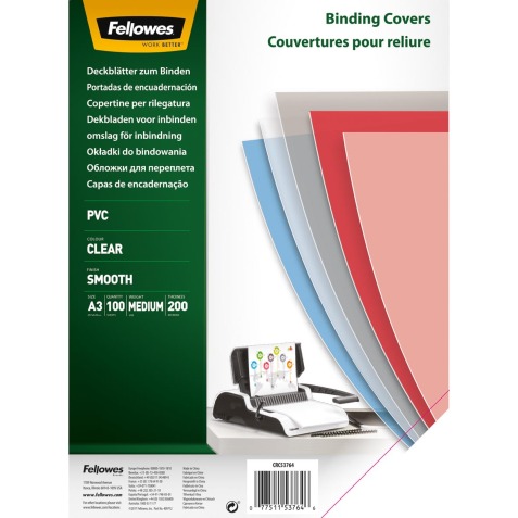 Fellowes couvertures, ft A3, PVC, 200 micron, paquet de 100 pièces, transparent