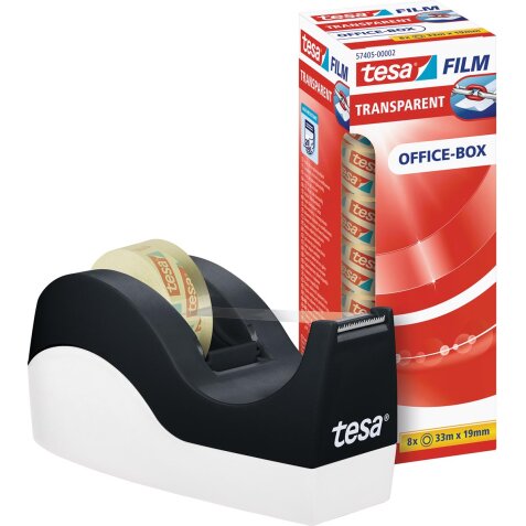 Tesa plakbandafroller Orca, met 8 rollen Tesafilm transparant ft 33 x 19 mm, zwart en wit