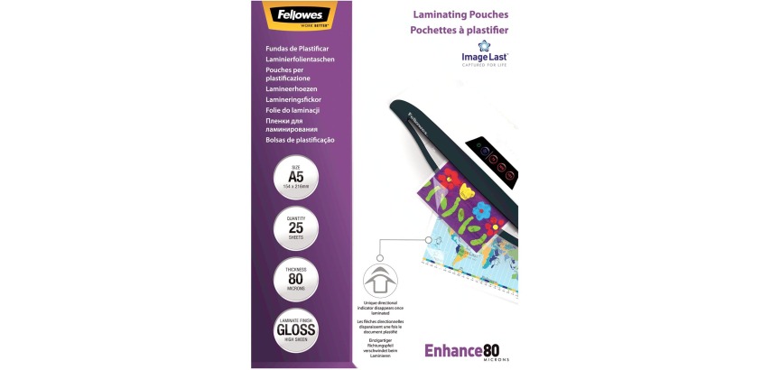 Pochettes de plastification Fellowes A5 - 2 x 80 µ - Brillant - Boîte de 25