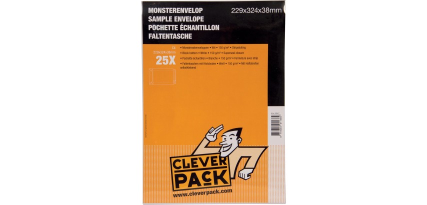 Cleverpack sample pouches, 229 x 324 x 38 mm, with adhesive strip, white, pack of 25 pieces