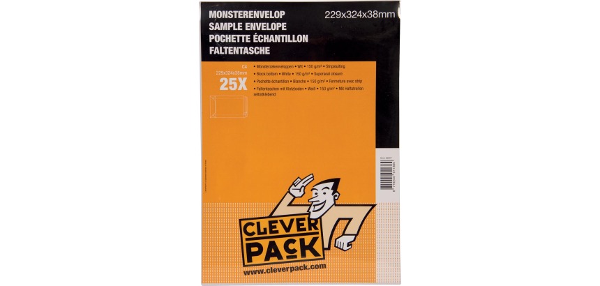 Cleverpack sample pouches, 229 x 324 x 38 mm, with adhesive strip, white, pack of 25 pieces
