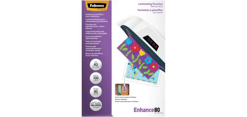 Fellowes Enhance80 self-adhesive laminating pouch A3 size, 160 microns (2 x 80 microns), pack of 100
