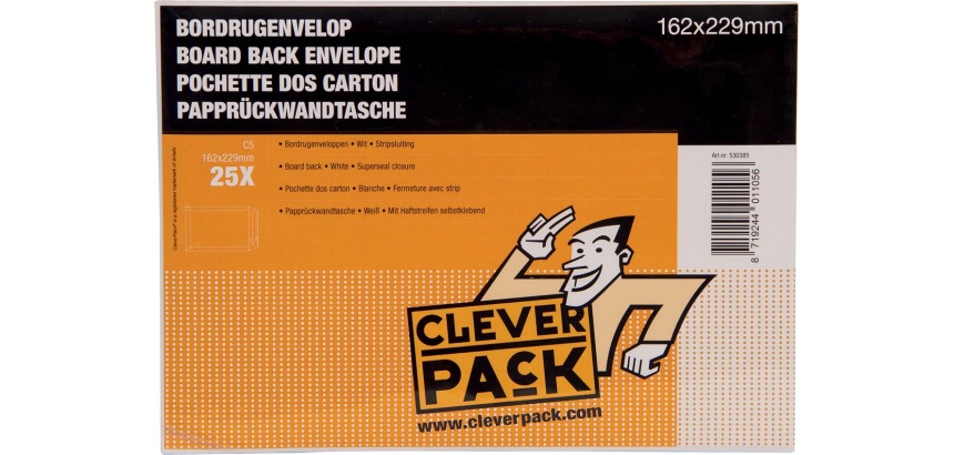 Cleverpack board-backed envelopes, size 162 x 229 mm, with adhesive strip, white, pack of 25 pieces