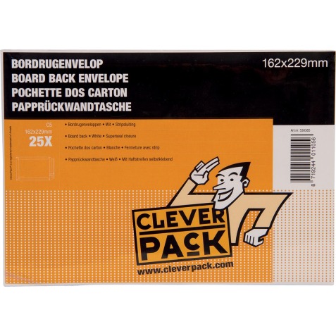 Cleverpack bordrugenveloppen, ft 162 x 229 mm, met stripsluiting, wit, pak van 25 stuks