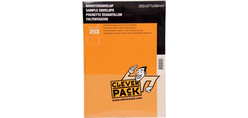 Cleverpack sample pouches, size 262 x 371 x 38 mm, with adhesive strip, white, pack of 25 pieces