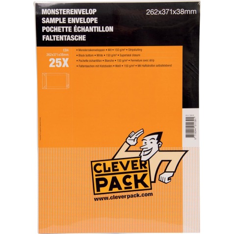 Cleverpack monsterenveloppen, ft 262 x 371 x 38 mm, met stripsluiting, wit, pak van 25 stuks