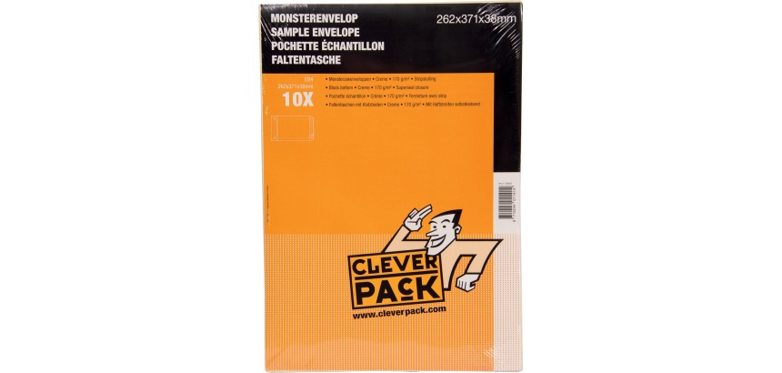 Cleverpack sample pouches, size 262 x 371 x 38 mm, with adhesive strip, cream, pack of 10 pieces