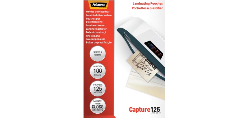 Fellowes Laminierhülle Capture125 ft 65 x 95 mm, 250 Mikrometer (2 x 125 Mikrometer), Packung mit 100