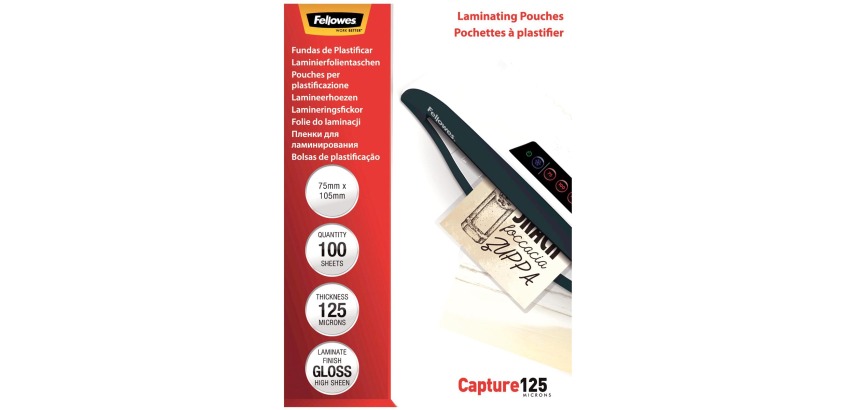 Fellowes Laminierfolien Capture125 ft 75 x 105 mm, 250 Mikrometer (2 x 125 Mikrometer), Packung mit 100
