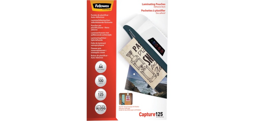 Fellowes pochette à plastifier Capture125 ft A4, 250 microns (2 x 125 microns), paquet de 100, auto-adhés