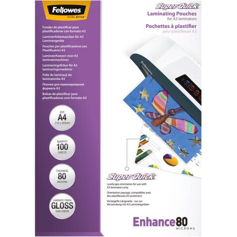 Fellowes Super Quick pochette à plastifier Enhance80, ft A4, 160 microns (2 x 80 microns), paquet de 100