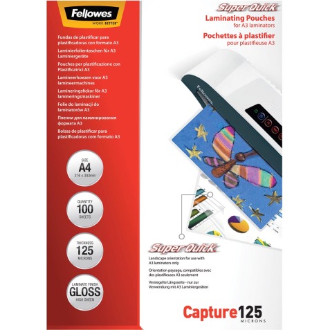 Fellowes pochette à plastifier Capture125 Super Quick, ft A4, 250 microns (2 x 125 microns), paquet de 10