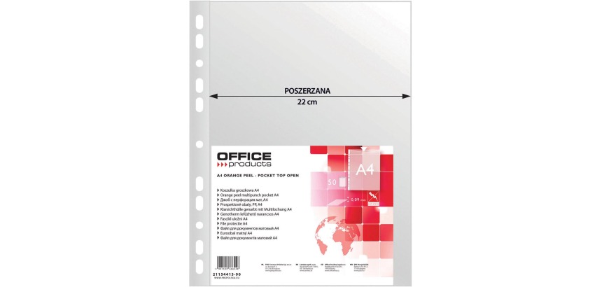 OFFICE products punched pocket, A4, 90 microns, grained, pack of 50 pieces