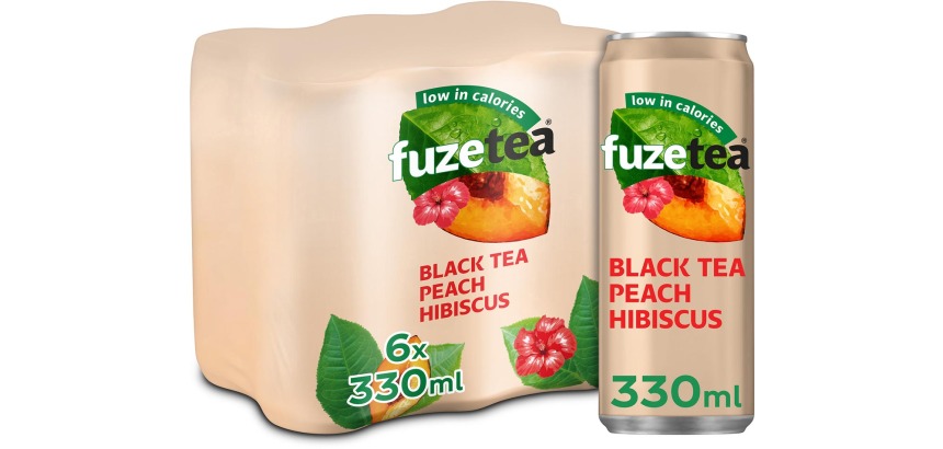 Fuze Tea frisdrank, niet-bruisend, sleek blik van 33 cl, pak van 24 stuks, perzik hibiscus