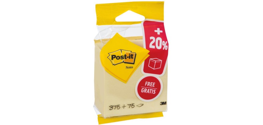 Post-it Notes cube, 76 x 76 mm, yellow, pad of 450 sheets, blister pack