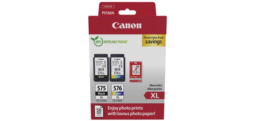 Canon PG575 XL + CL576 XL Pack cartouche noire + couleurs pour imprimante jet d'encre avec papier photo offert
