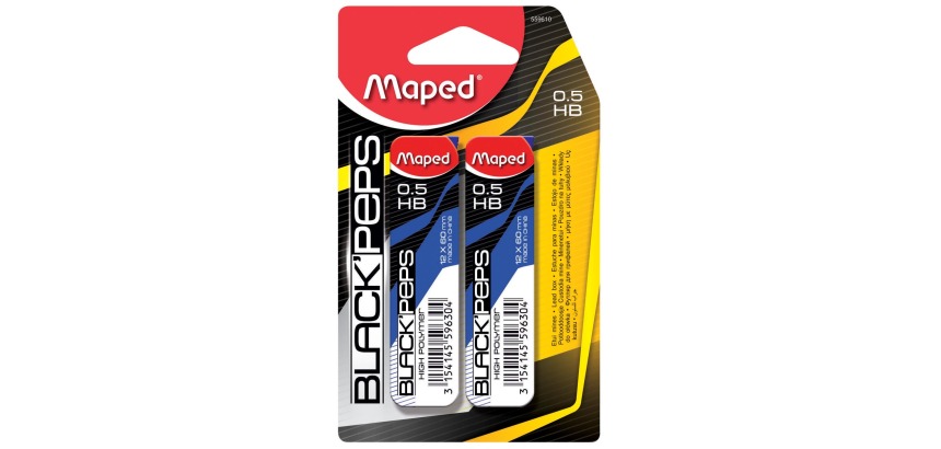 Maped Black'peps potloodstiften, 0,5 mm, HB, blister van 2 etuis van 12 stuks