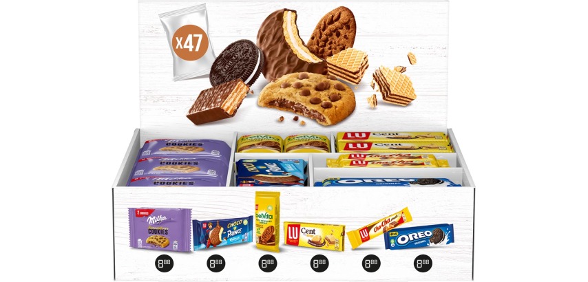 Assortment of filled biscuits from Milka, Oreo, and Lu, box of 47 pieces, mix