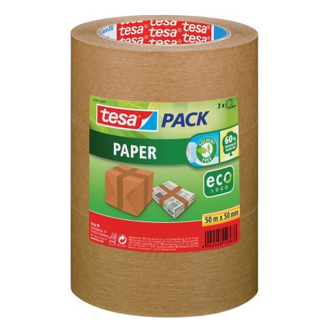 Tesapack paper ecoLogo, ft 50 mm x 50 m, bruin, pak van 3 stuks