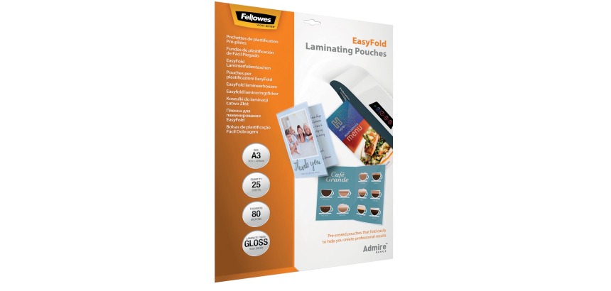 Fellowes pochette à plastifier Admire Easyfold Enhance80 A3,160microns(2x80 microns),paquet de 25 pièces