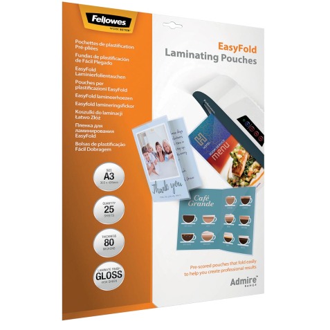 Fellowes pochette à plastifier Admire Easyfold Enhance80 A3,160microns(2x80 microns),paquet de 25 pièces