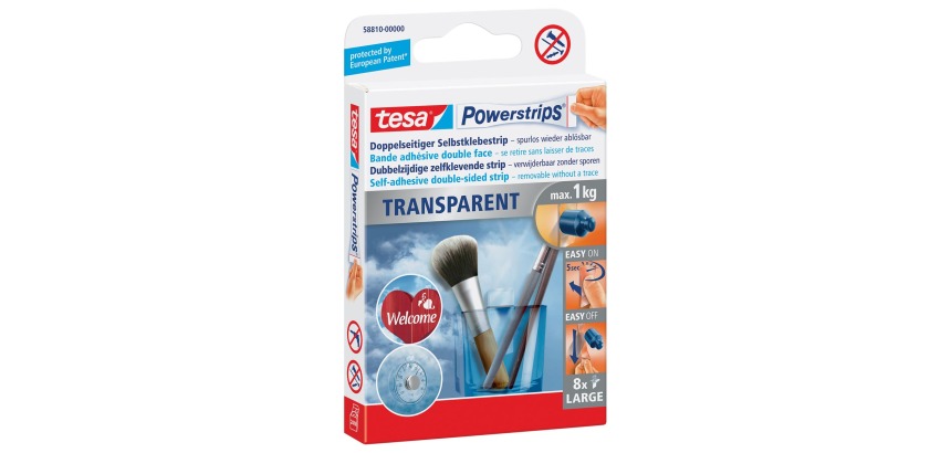 Tesa Powerstrips Transparent, charge maximum de 1 kg, transparent, blister de 8 pièces