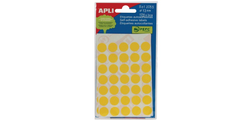 Apli round labels in a pack, 13 mm diameter, yellow, 175 pieces, 35 per sheet (2055)