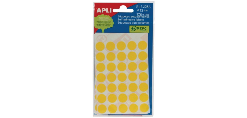 Apli Runde Etiketten in Beuteln, Durchmesser 13 mm, gelb, 175 Stück, 35 pro Blatt (2055)