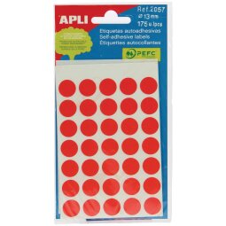 Apli ronde etiketten in etui diameter 13 mm, rood, 175 stuks, 35 per blad (2057)