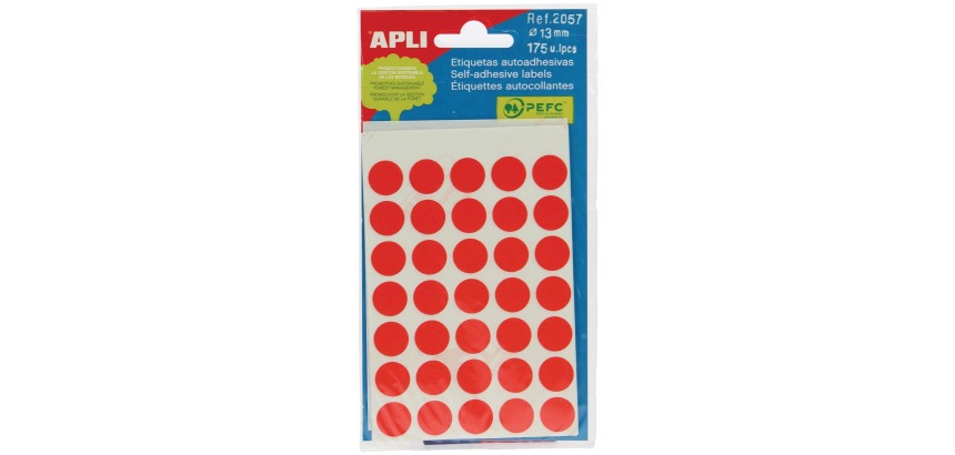 Apli ronde etiketten in etui diameter 13 mm, rood, 175 stuks, 35 per blad (2057)