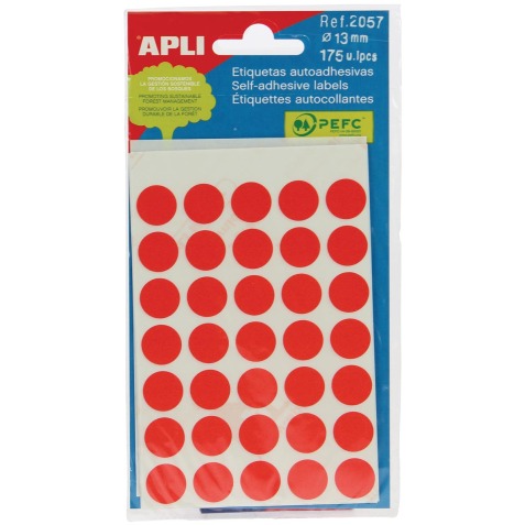 Apli ronde etiketten in etui diameter 13 mm, rood, 175 stuks, 35 per blad (2057)