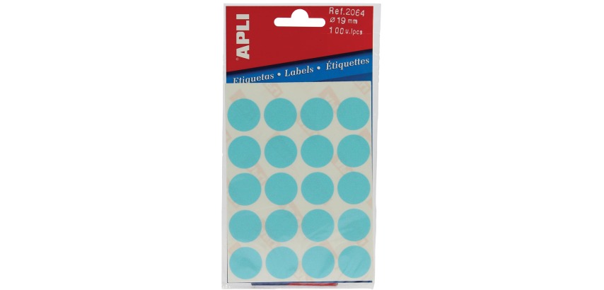 Apli round labels in a pack, 19 mm diameter, blue, 100 pieces, 20 per sheet (2064)