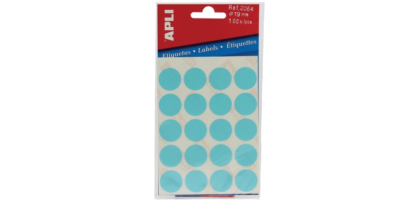 Apli ronde etiketten in etui diameter 19 mm, blauw, 100 stuks, 20 per blad (2064)
