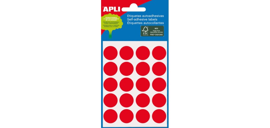 Apli ronde etiketten in etui diameter 19 mm, rood, 100 stuks, 20 per blad (2065)
