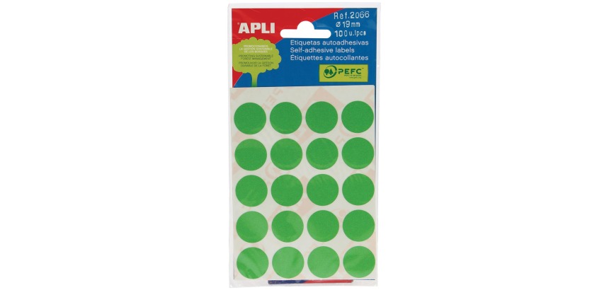 Apli round labels in a pouch, 19 mm diameter, green, 100 pieces, 20 per sheet (2066)