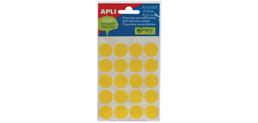 Apli ronde etiketten in etui diameter 19 mm, geel, 100 stuks, 20 per blad (2063)