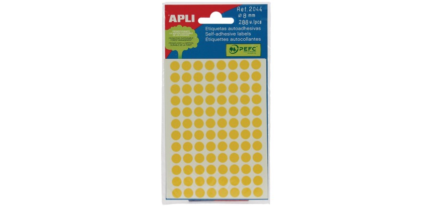 Apli étiquettes rondes en pochette diamètre 8 mm, jaune, 288 pièces, 96 par feuille (2044)