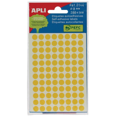 Apli étiquettes rondes en pochette diamètre 8 mm, jaune, 288 pièces, 96 par feuille (2044)