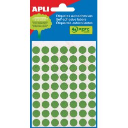 Apli ronde etiketten in etui diameter 8 mm, groen, 288 stuks, 96 per blad (2047)