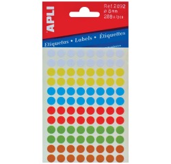 Apli ronde etiketten in etui diameter 8 mm, geassorteerde kleuren, 288 stuks, 96 per blad (2092)